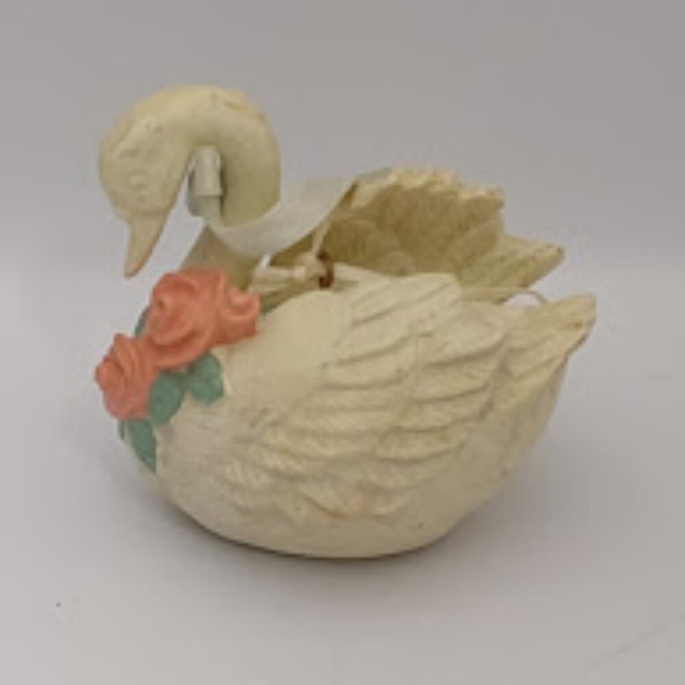 Vintage Feathered Cream Swan Resin Ornament Floral Neck Design 3"